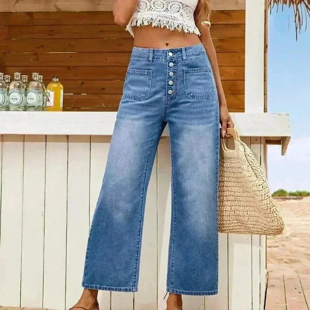 Medium Wash Casual Women's Loose Fitting Straight Leg Casual Blue Denim Jeans